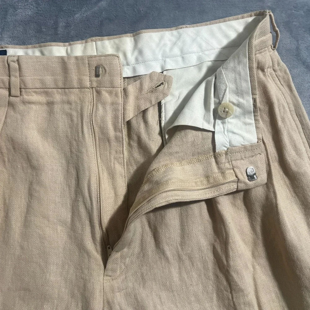 Vintage Polo Ralph Lauren Linen Pants Mens 35x32 (33x29) Pleated Beige VTG Chino